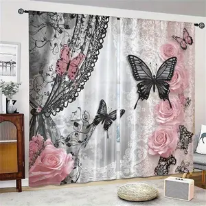 Butterfly Lace Floral Print Curtains, Room Decor Curtain, Fashionable Rod Pocket Window Drapes for Bedroom and Living Room, Easy Installation
