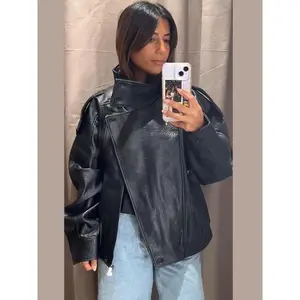 Fashion Stand Collar Women's Leather Jacket Loose Long Sleeve Zipper Pockets Black Coats 2025 Autumn Lady Street Outerwear New