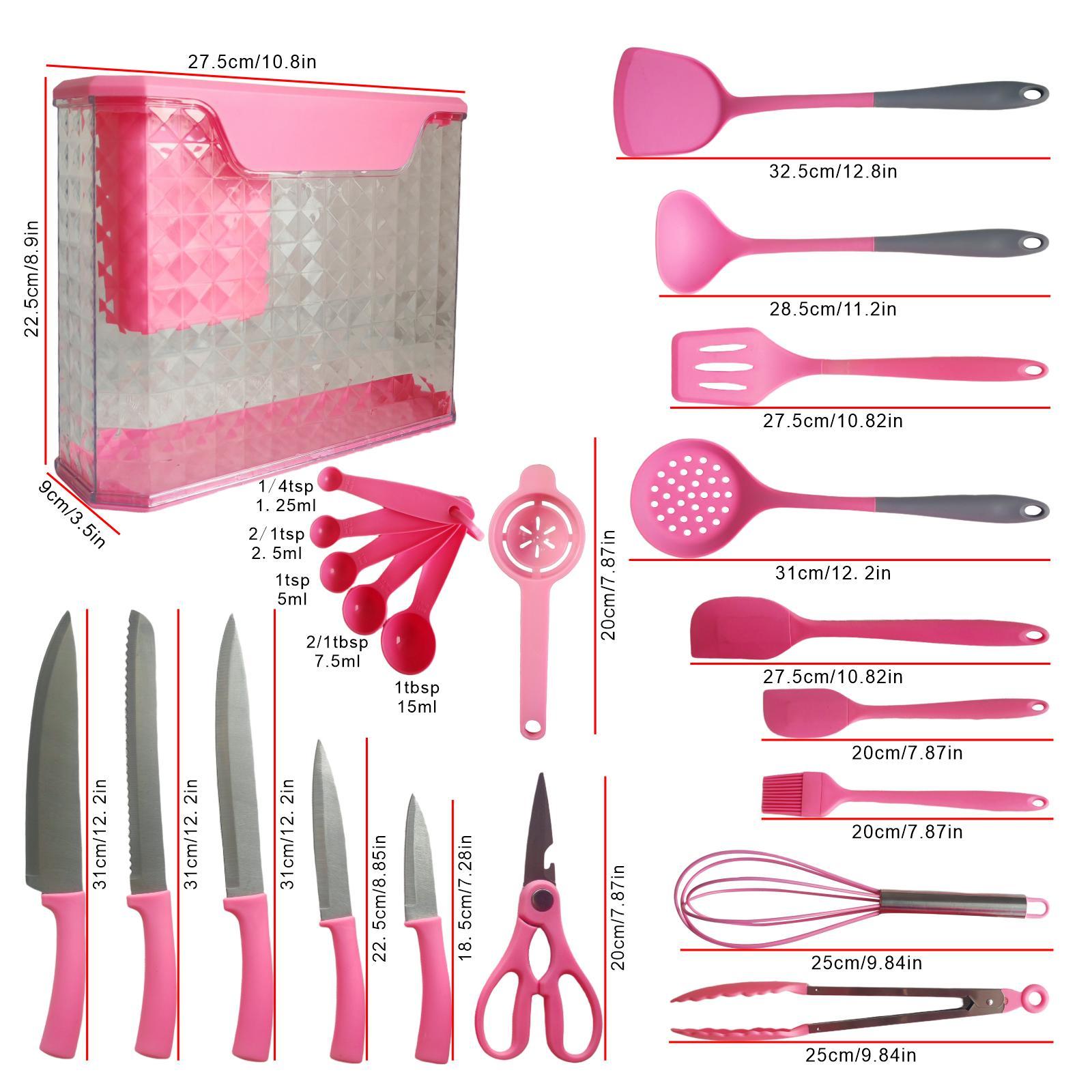 15PCS knife holder kitchen knife set: Japanese style knife, meat/vegetable knife, chicken bone knife, German steak knife storage built-in sharpener - stainless steel washable dishwasher suitable for women, wives, Mother's Day, pink/white/black