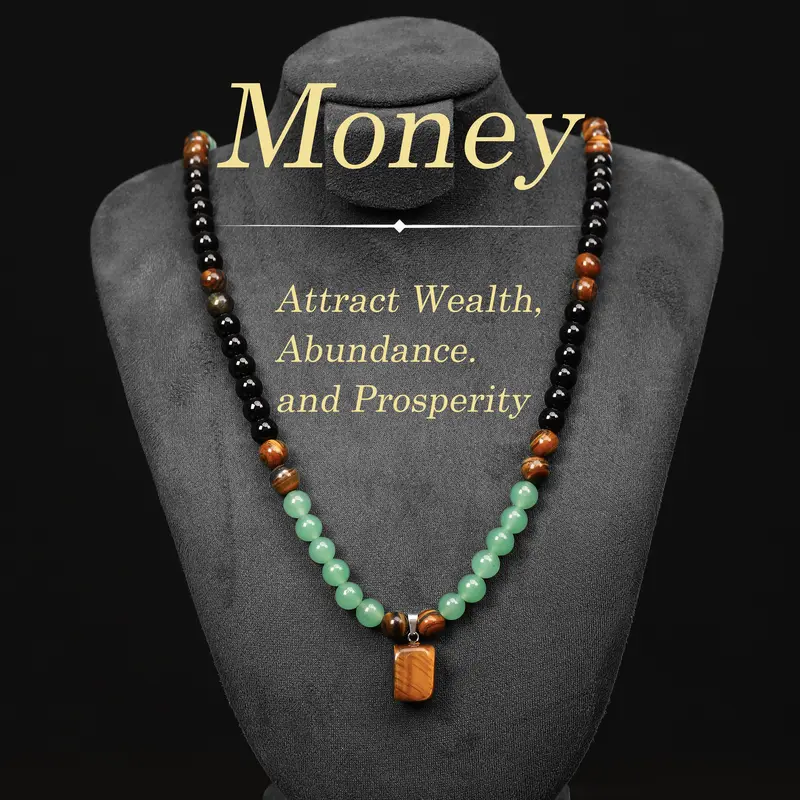 BloomWish S Money Attraction Necklace With GreenAventurine & Tiger Eye Pendant Healing Crystal Stone ，Anniversary, Vacation &Theme Parties Jewelry Charms Abundance Crystal bracelet，Long Chain，Sweater chain，Ideal Gift Jewelry for Men and Women