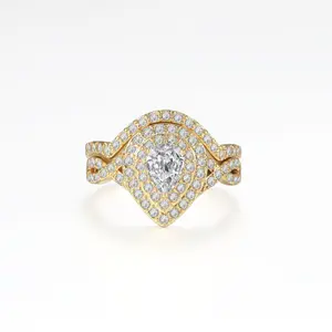 VOWSERING Luxury Wedding Ring Set for Women 1CT Pear AAAAA CZ Yellow Gold Plated Engagement Ring & Band with Ring Box