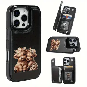 A phone case with a two-headed cow pattern design, leather card holder slot, suitable for iPhone 17/16/15/14/13/12 PRO PROMAX PLUS AIR, an ideal gift for friends, family, or couples, KBPK2