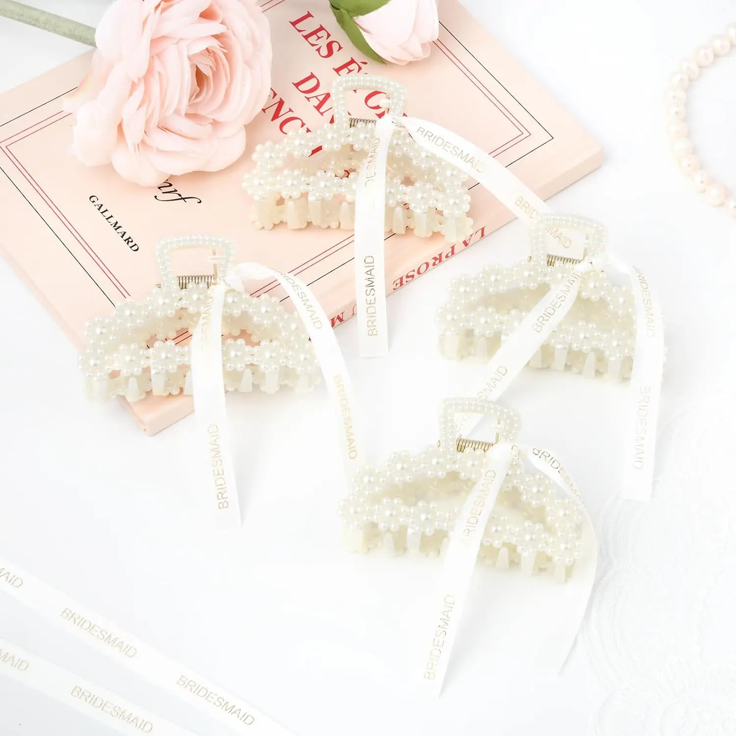 Bridesmaid Gift Set Hair Claw Clips Satin Hair Ties For Wedding Party Pearl Bridesmaid Hair Claw Clips 8 Pack - Bridesmaid  main image 2