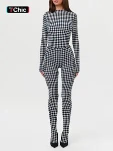 Women's Fashion Sexy Slim Plaid Houndstooth Long Sleeve Bodycon Set, Stretchy Suit Set, High Elasticity Warm Fabric, Perfect for Party and Daily Wear, Stylish Collar Design, Womenswear Outfit Clothes