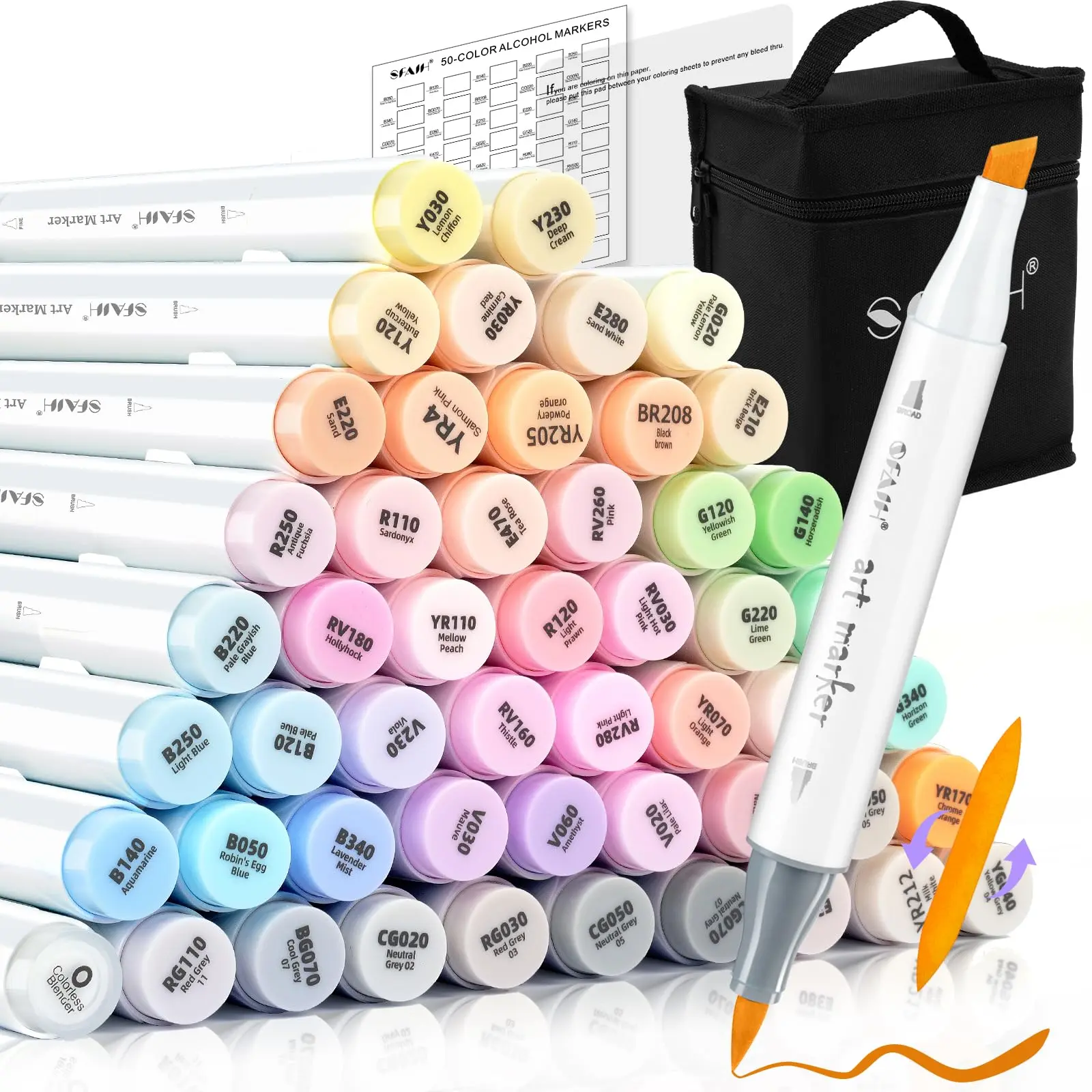 SFAIH Pastel Alcohol Markers Brush Tip - 51 Colors Brush & Chisel Double Tipped Art Markers for Artist Adult Coloring Illustration, Gifts for Artist Adult, Colorless Blender, Easy Blending