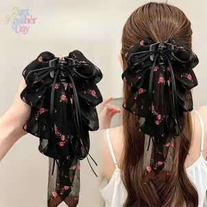 Women's Floral Chiffon Bow Claw Clip (with Streamers) — An Elegant Rose-Print Ponytail Holder Exuding a Sense of High-End Sophistication; A Rear-Head Shark Clip Designed Specifically for Half-Up Hairstyles.