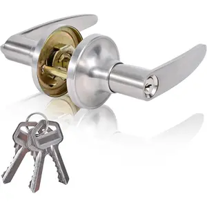 High Security Silver Stainless Steel Door Handle with Lock and Key, Door Lever for Bedroom Bathroom and Indoor Rooms
