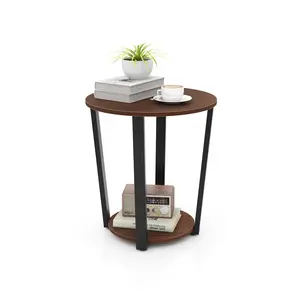 COSTWAY - Round End Table with Open Shelf and Metal Frame-Walnut