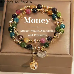 2026 Double Layer Rainbow Tourmaline Round Bead Bracelet, Bohemian Jewelry for Daily Wear, Yoga, Gifting, Featuring Longevity Lock Charm, Color Design