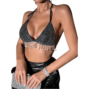 Women's Sexy Sequin Halter Backless Rhinestone Fringe Glitter Party Club Crop Top Womenswear Black Short Sleeveless