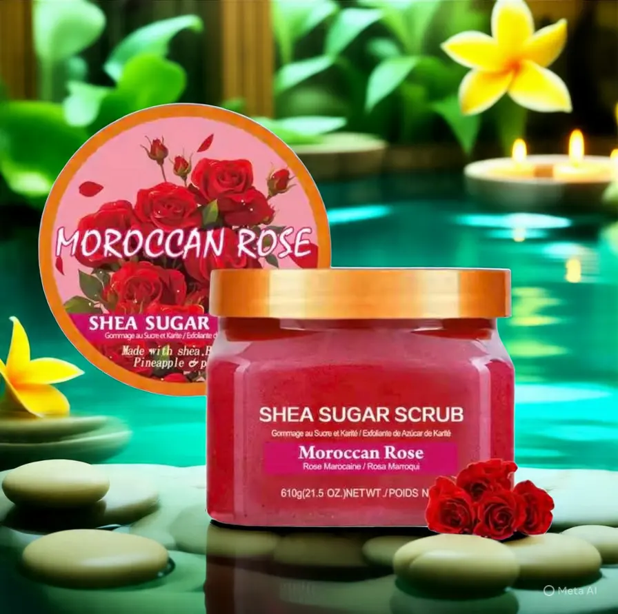 Moroccan Rose Shea Sugar Scrub with Glycerol & Pineapple for Smooth Skin Texture 610g/21.5oz Body Exfoliant Exfoliating Body Scrubber