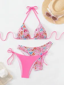 2026 Summer Pink Floral Reversible Halter Triangle Bikini Set - Cute Two-Piece Swimsuit for Beach and Pool Vacation