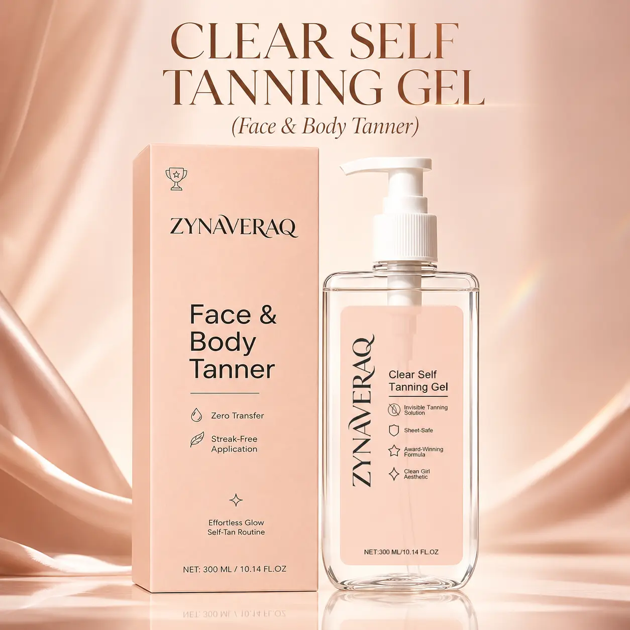 Clear Self Tanning Gel Face & Body Tanner Streak Free Transfer Resistant Sunless Tan with Hyaluronic Acid Vitamin B5 Lightweight Daily Glow 300ml