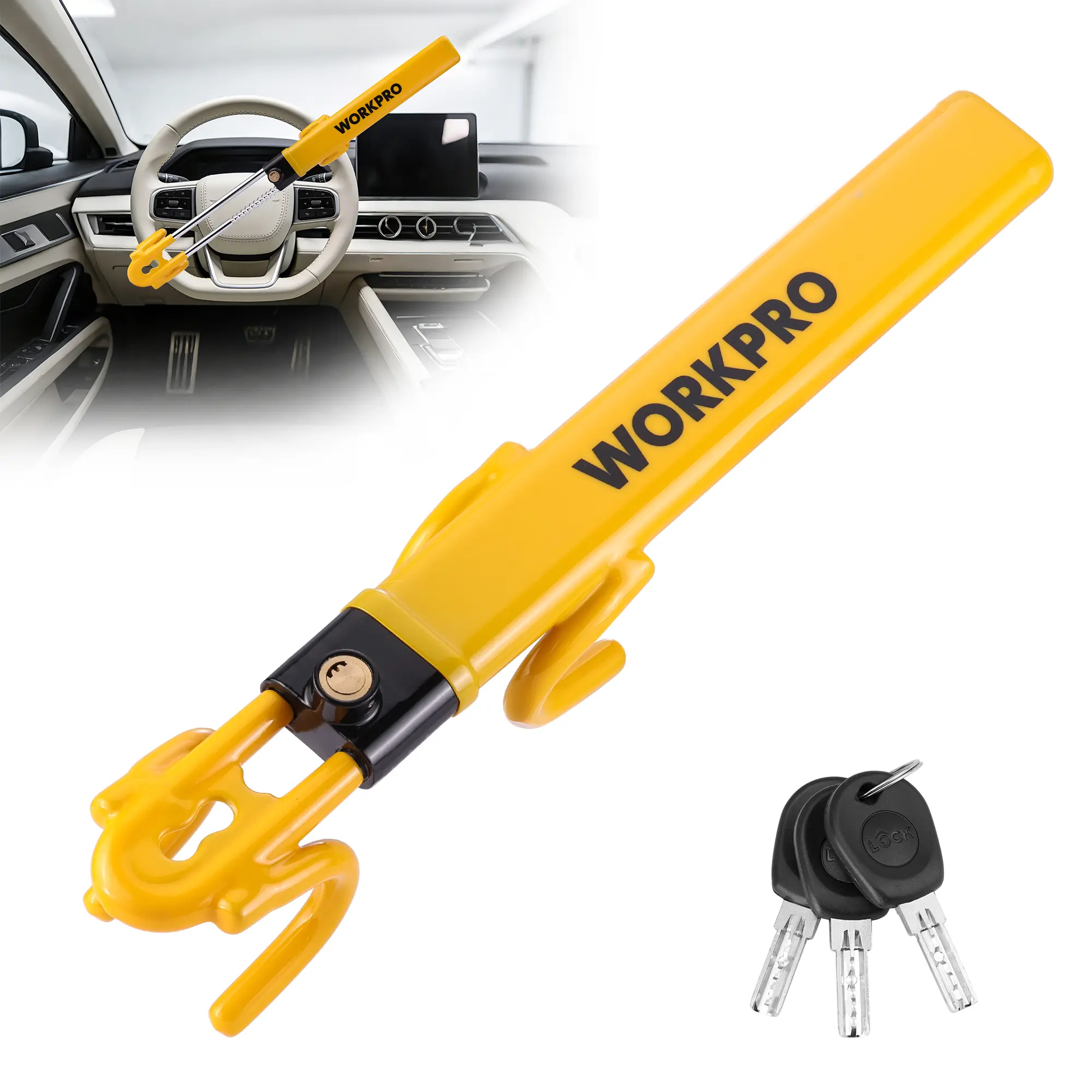 #summersale WORKPRO Steering Wheel Lock, Heavy Duty Anti-Theft Car Device with Double Hooks, Adjustable Universal Fit for Cars, Trucks and SUVs, Visible Security Lock with 3 Keys