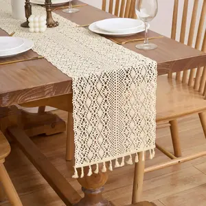 60 Inch Boho Crochet Lace Table Runner, Bohemian  Beige  Table Runner for Kitchen Dining Coffee Table Rustic  Living Room Bedroom Dresser Decor