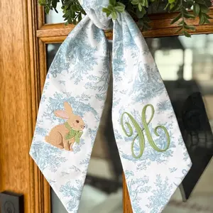 Personalized Easter Bunny Wreath Sash, Spring Toile Front Door Bow, Embroidered Holiday Decor wreath sash, monogram door decor