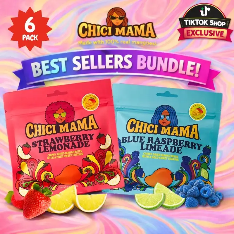 Chici Mama Dried Mango 6-Pack Best Sellers Bundle - Tangy Blue Raspberry Limeade, Strawberry Lemonade Flavors - Better-For-You Sweet Food Snack, Travel-Work-Cupboard Treat for Youth, Adults, Single Serve