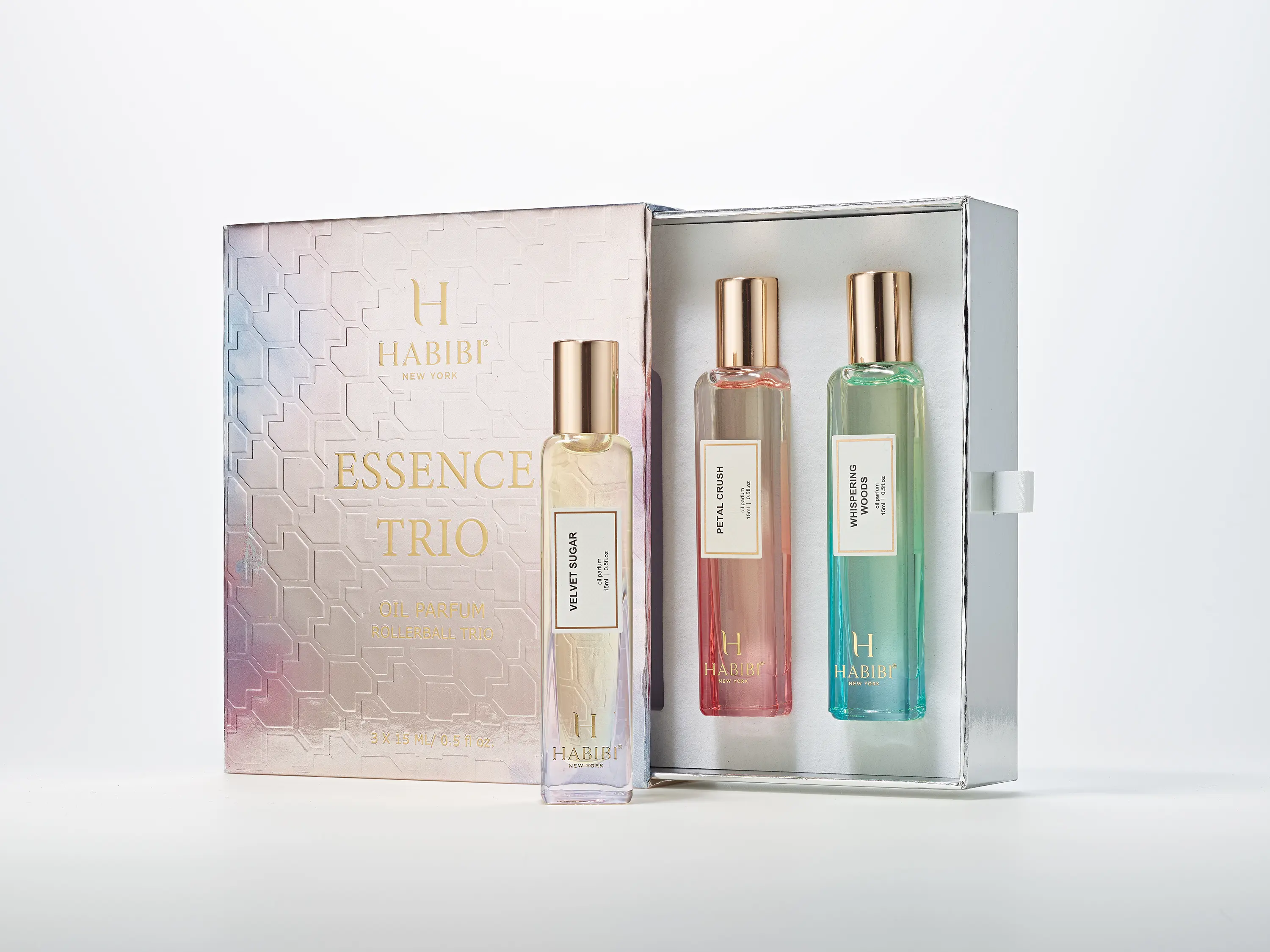HABIBI NEW YORK Essence Trio Rollerball Set - 3 Piece Parfum Oil Gift Set with Enchanting Elegant Floral, Sweet Vanilla & Woodsy Scents, Captivating Scents, Carefully Picked Scents
