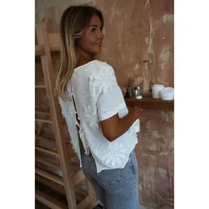 EASY CLOTHES Women's Ecru Ellea Top, Embroidered Flower Blouse, Stylish Women's Shirts for Daily Wear