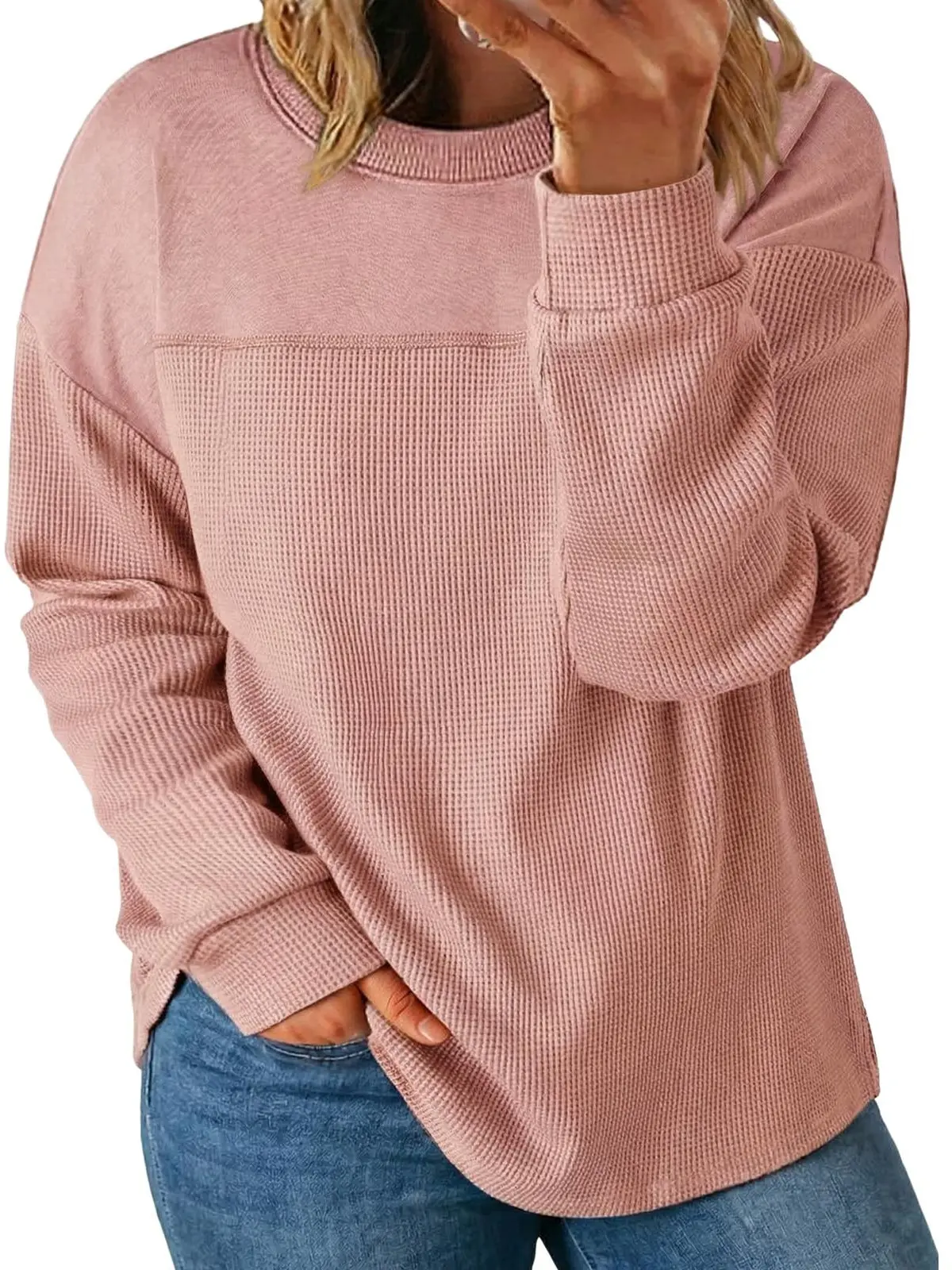 Eytino Womens Plus Size Sweatshirt Long Sleeve Crewneck Waffle Knit Casual Loose Fit Oversized Pullover Shirts Tops(1X-5X)