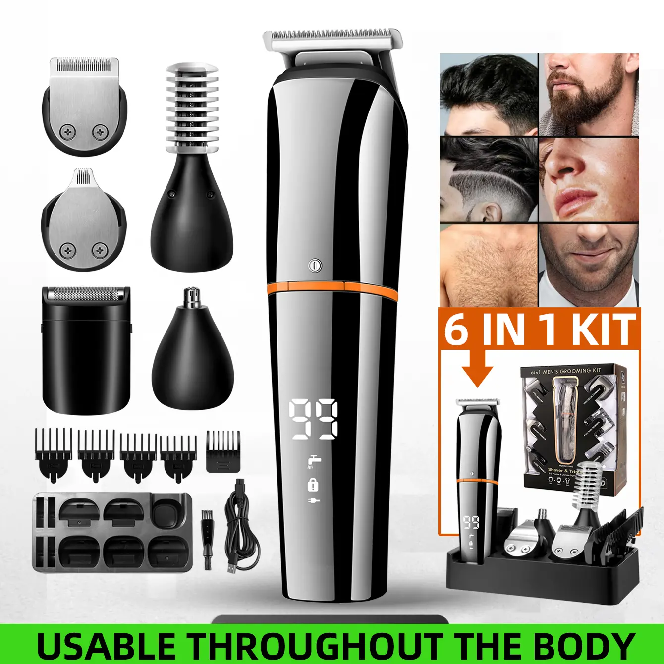 KIKIDO 6-in-1 Men’s Grooming Kit – Professional Cordless Hair Clipper Beard Body Trimmer for Face Nose Ear All-Body Use with LED Display USB Rechargeable Multiple Heads Combs