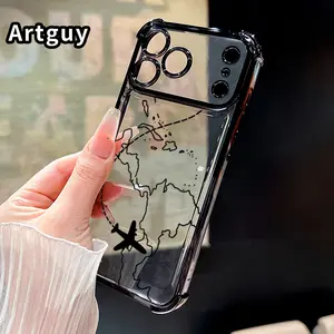 Airplane Voyage Pattern Four Corner Anti-Fall Phone Case Transparent Electroplated Protective Cover for iPhone 17 Pro Max 16 Air 15 Plus 14 13 12 11 E
