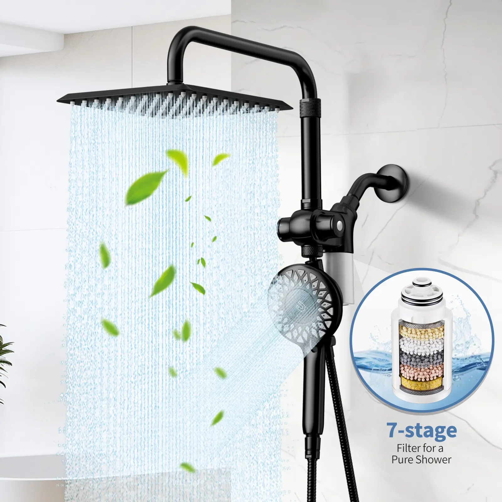 Dual Showerhead Home Shower Set - High-Pressure Anticlog Magnetic Filter Handheld & Square Rainfall Showerhead, Hardwater Safe with 79" Hose, Wrench & Plastic Components for Couples, Couple, Shower Filter