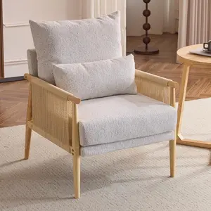 VINGLI Cozy Chenille Accent Chair with Lumbar Pillow & Rattan Arms Modern Lounge Chair for Living Room, Bedroom, Reading Nook, Light Gray