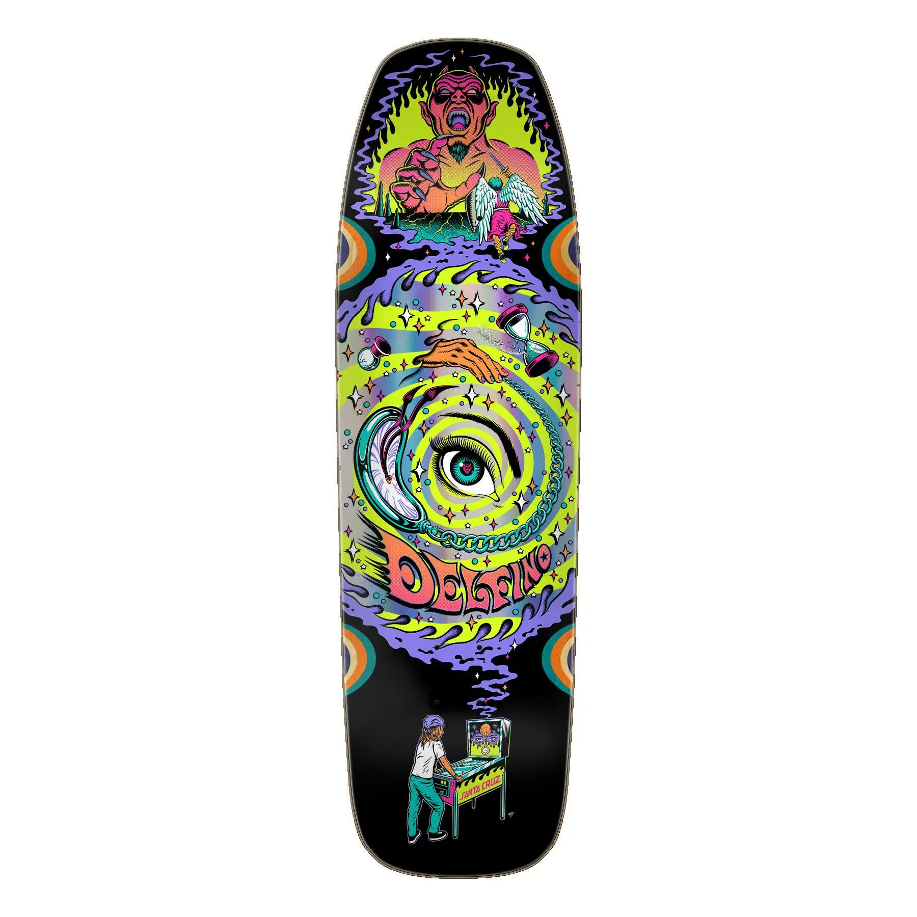 Shaped Skateboard Deck, 9.14-Inch Pinball Vision Pro Model, 7-Ply North American Maple with ATV Concave and Prismatic Foil, Santa Cruz Skateboards, Pin-Tail Skateboard Parts