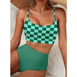 Women's High Waisted Bikini Set, Retro Green Checkerboard Two Piece Swimsuit, Adjustable Strap Scoop Neck Bathing Suit Tummy Control Bikini