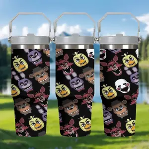 1pc 30oz Stainless Steel Insulated Mug, "Five Nights at Freddy's | Cute Character All-Over Print Outdoor Water Bottle", with handle and straw, car mug, suitable for various occasions, personalized gift for birthdays/holidays
