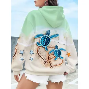 Women 3D Sea Turtle Print Hooded Sweatshirt Pastel Green Blue Beach Style Pullover with Pocket Long Sleeve Casual Sweater Spring Fall Cute Marine Life Design Starfish Bubbles