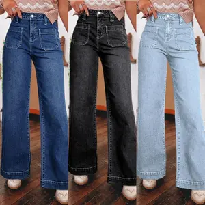 Women’s wide-leg jeans, high-waisted elastic straight-leg jeans, loose denim pants with buttons and pockets