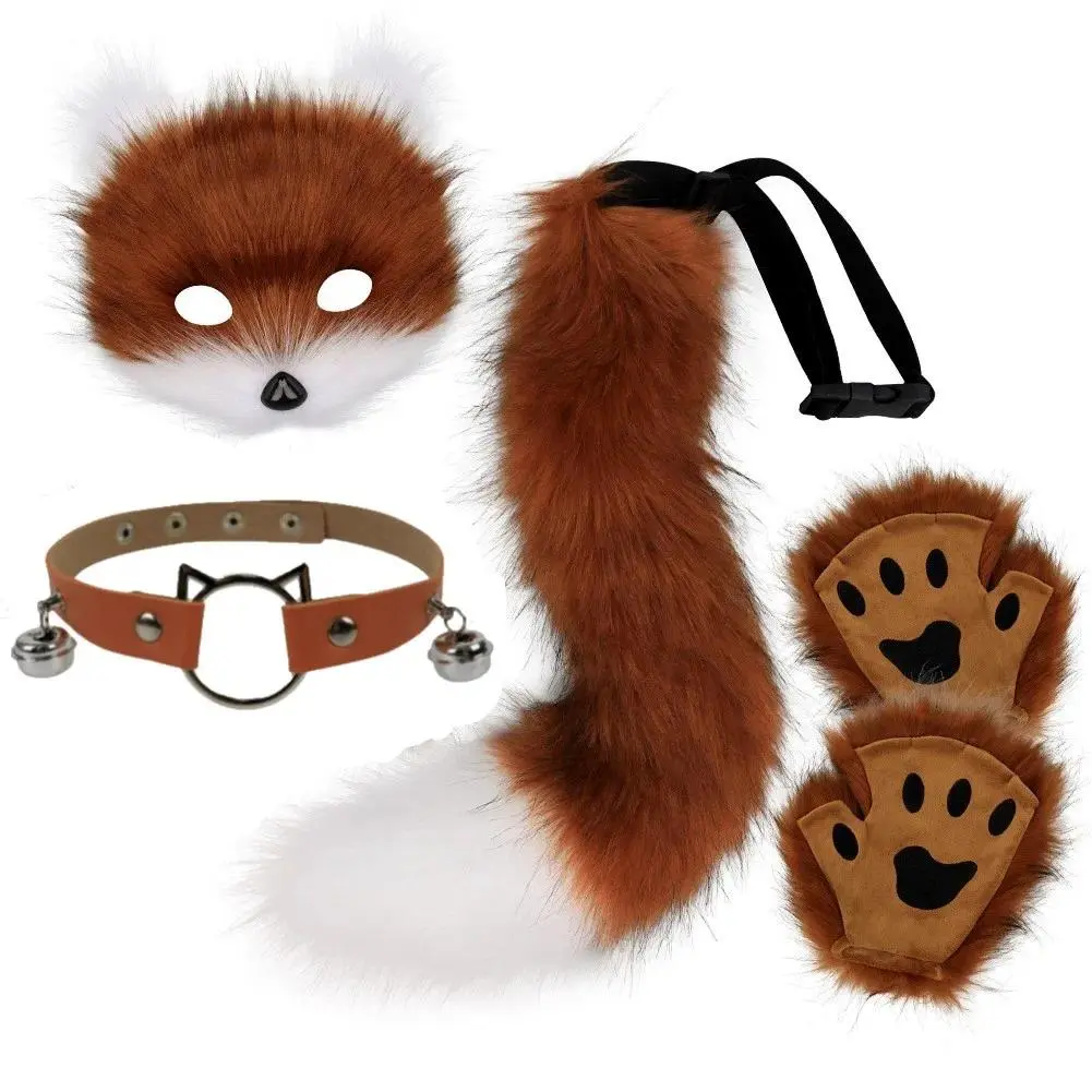 Furry Fox Theme Cosplay Set, 5-Piece Polyester Animal Costume Kit with Tail, Ears, Gloves & Mask for Halloween Party