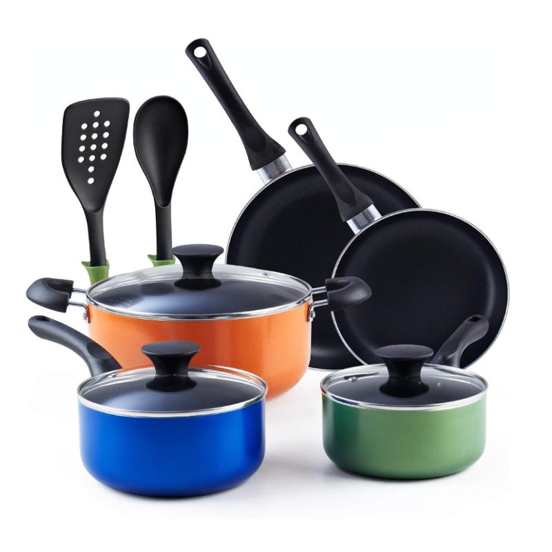 8-21 Piece Multi Color Orange Red Purple Blue Pink White Black Non-Stick Kitchen Cookware Pots and Pans Sets