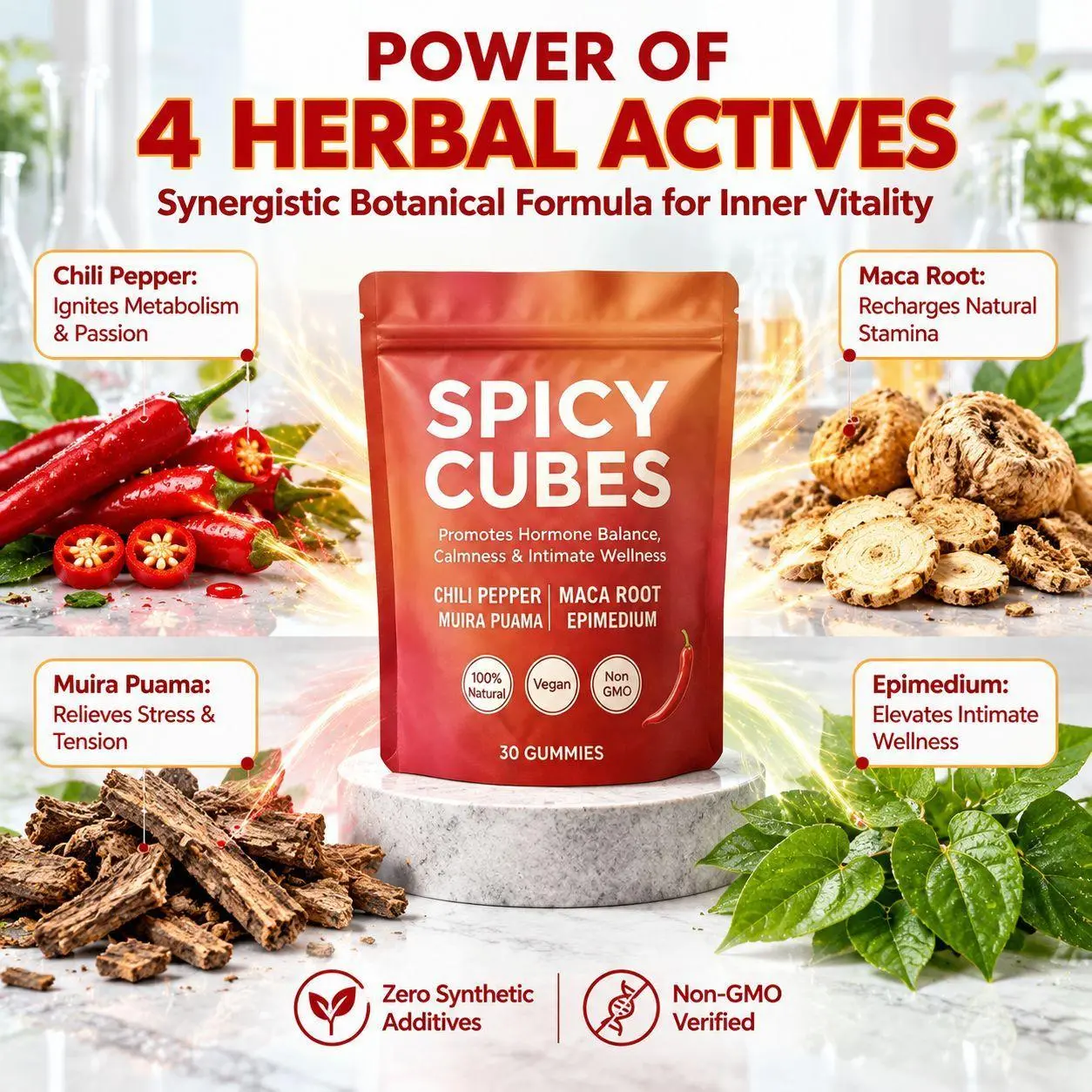 Spicy Cubes Herbal Gummies with Chili Pepper Maca Root Epimedium Muira Puama for Wellness Support 30 Count