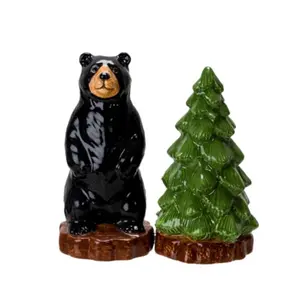 Forest Retreat Black Bear and Tree Ceramic Magnetic Salt and Pepper Shaker Set