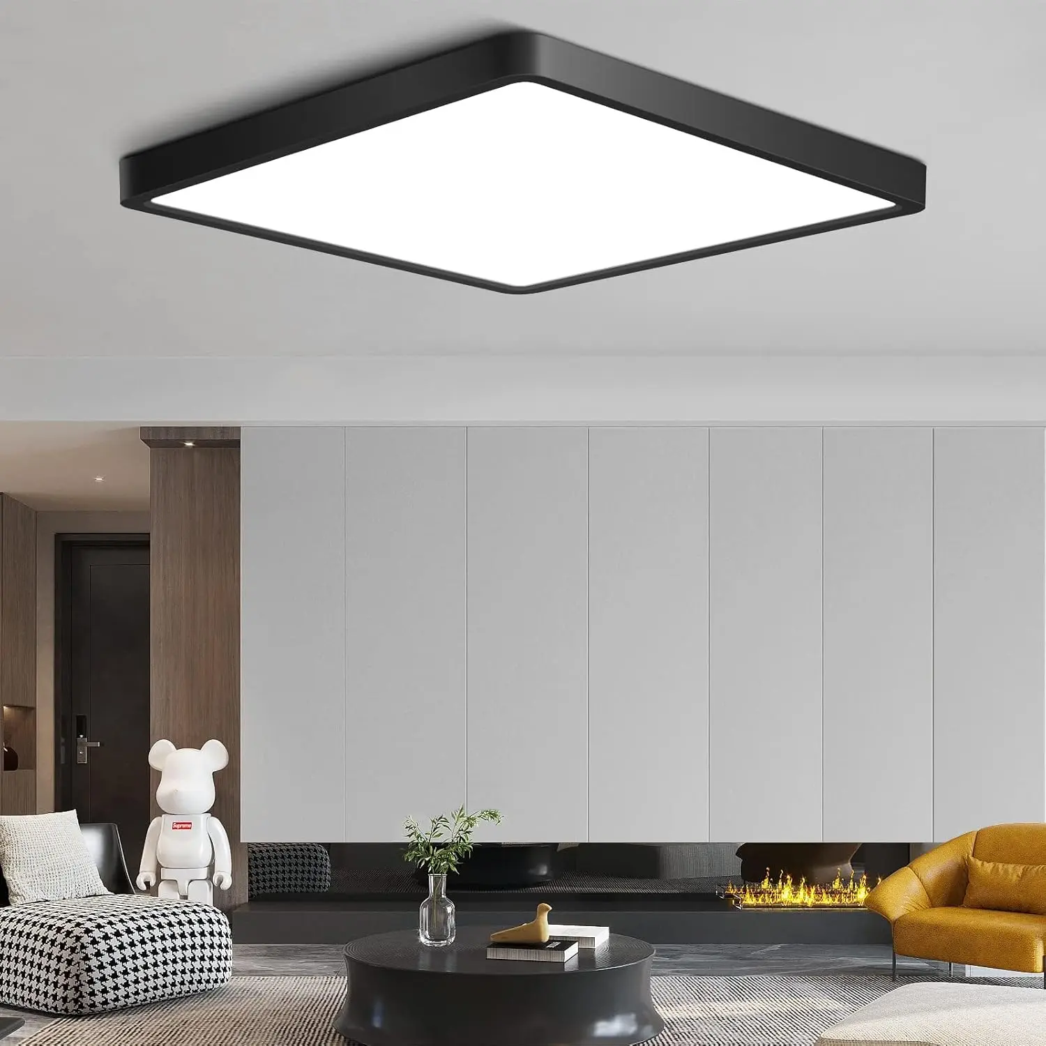 12in 24W Output Fireproof PC Square LED Ceiling Light Fixture, Flush-Mount Black Slim Flat Panel, 5000K Daylight White Eye Safe 110W Equivalent Lamp, Water Resistant for Bedroom, Restroom