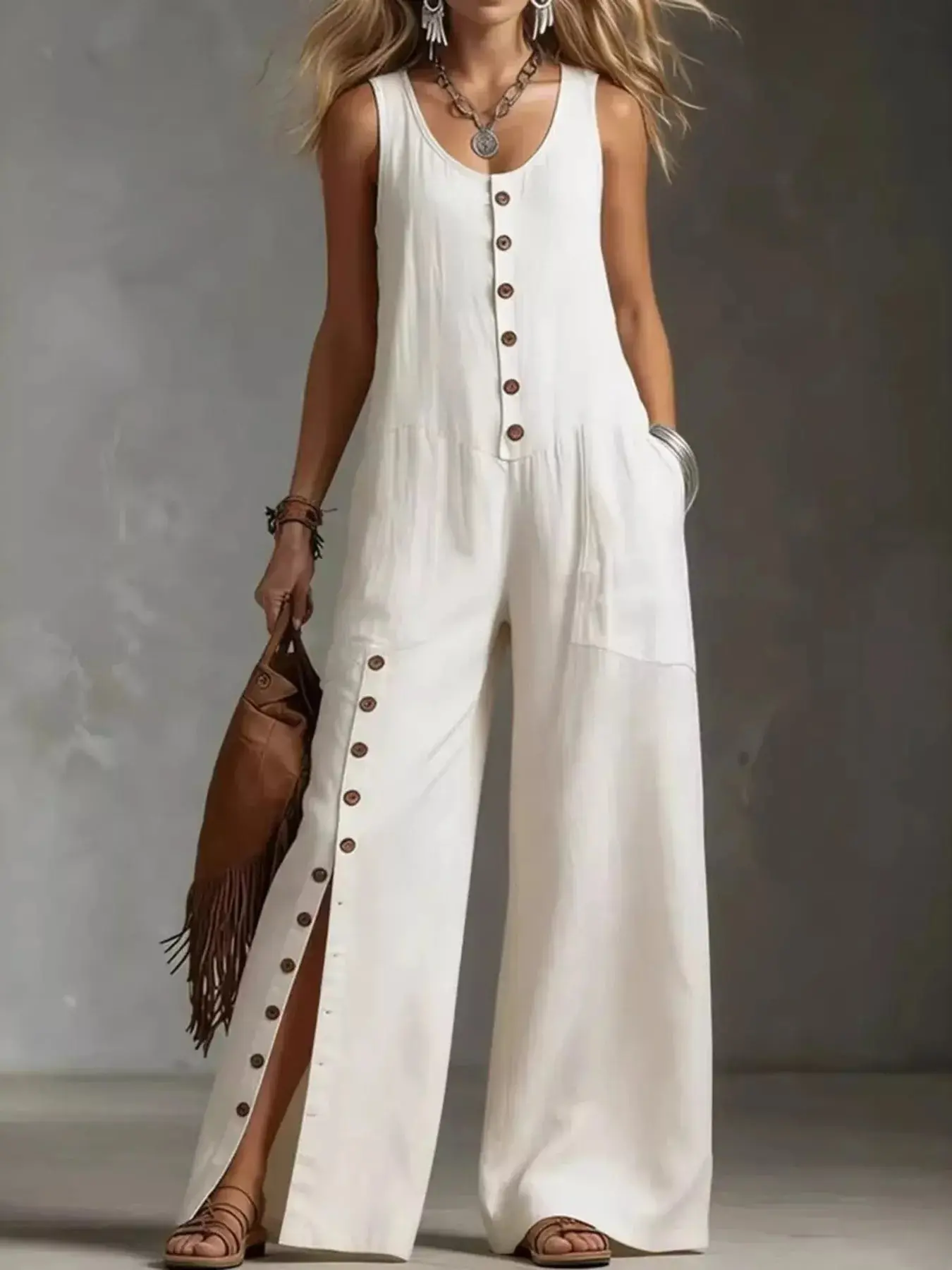 Full Size Sleeveless Button Front Wide Leg Jumpsuit Plus Size