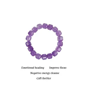Natural Geometric Amethyst Cube Bracelet  Stress Relief Anxiety Calming Crown Chakra Stone, Modern Boho Calming Energy Everyday Wear