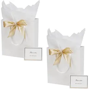 2 Pack 10x4.5x11 Inch Large White  Bag Set with Tissue Paper, Greeting Card & Ribbon, Big  Wrapping Kits for Clothing, Shoes, , Birthday, Christmas, Wedding Favors