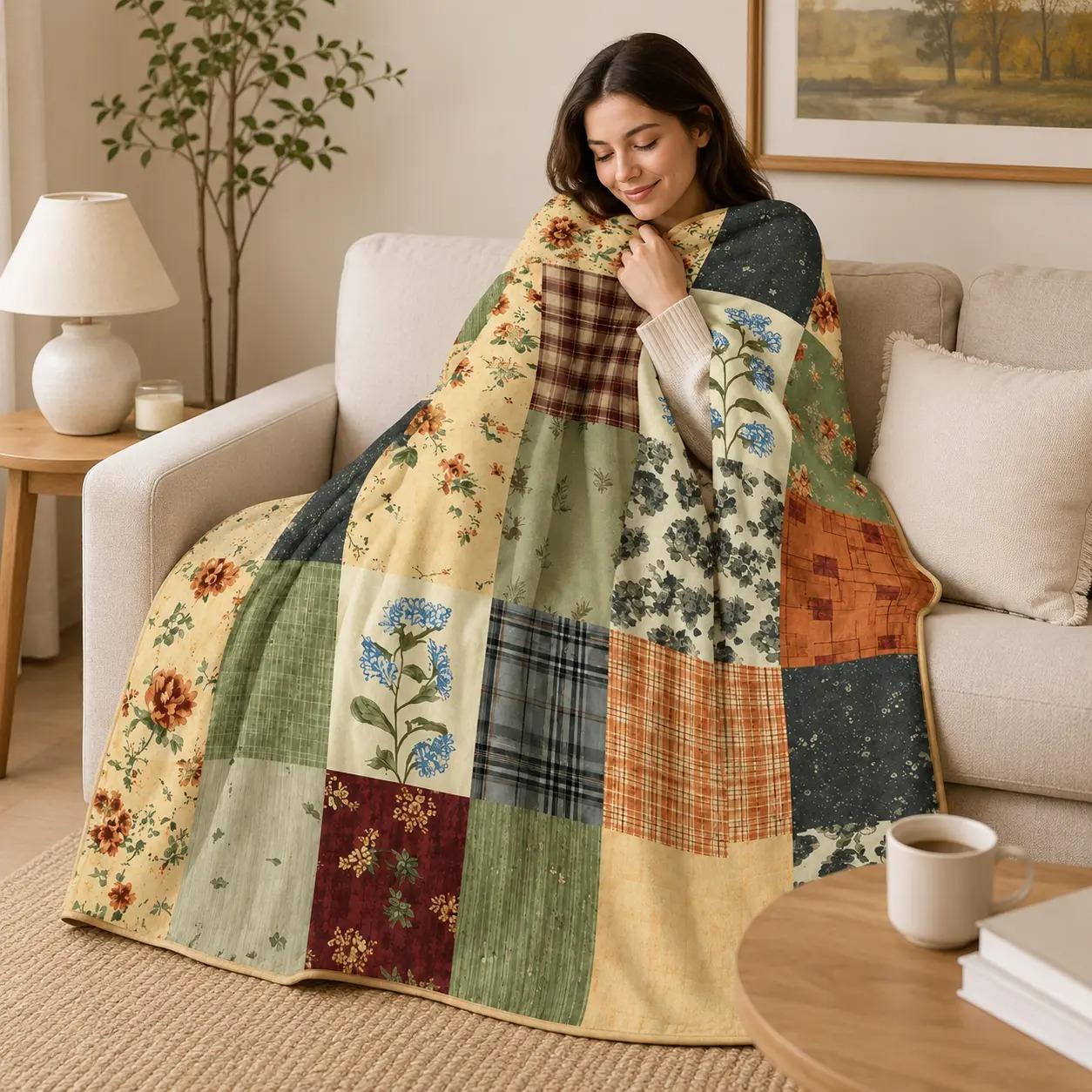 Cottagecore Vintage Spliced Floral Check Quilted Blanket Retro Patchwork Flower Plaid Print Soft Reversible Bed Throw All Season Home Decor Blanket For Adults