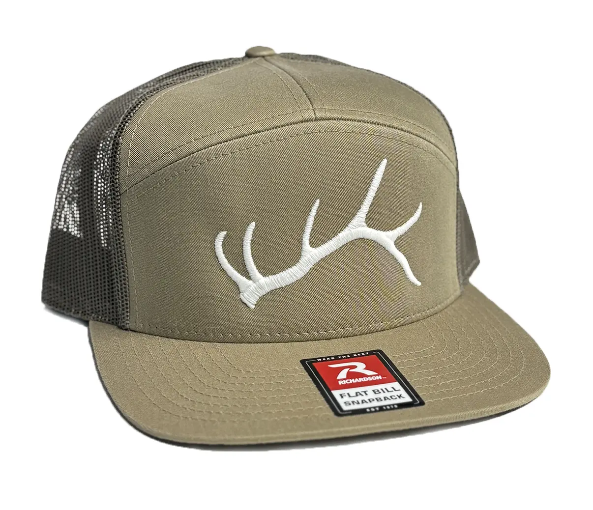Elk Antler 7 Panel Pale Khaki Trucker Hat with White Antler Logo and Flat Bill Snapback Design GLOW IN THE DARK