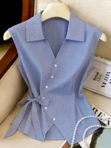 Plus Size Women's Casual Summer Striped Shirt, Lapel Collar, Bow Tie, Asymmetrical Front, Button Detail, Short Sleeve, Loose Fit