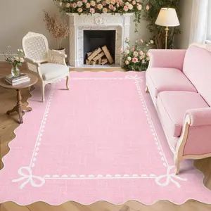 8x10 Scalloped Bow Rug for Living Room,Solid Pink Rug for Dorm,Washable Runner Rugs Soft Low Pile Non Slip Scalloped Rugs for Nursery Bedroom Decor Hallway Entryway Playroom
