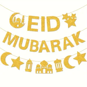 Eid Mubarak Banner with Gold Moon Star Gold Glitter Eid Hanging Eid for Islam Party Decorations Banners No DIY Required Muslim Islamic Eid Al-fitr Festival Celebration Garland Party Decorations