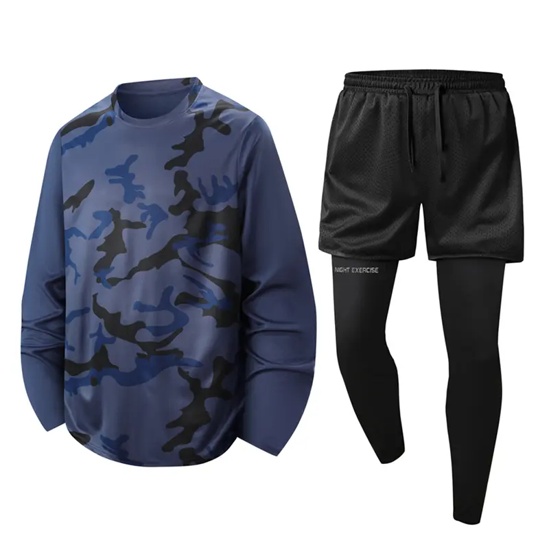 Men's 3-Piece Quick Dry Running Set | Reflective Night Exercise Sports Tracksuit | Camo Long Sleeve Shirt & Compression Leggings