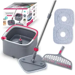 Clean Spin Mop  Bucket System - Dual Compartment Design for Clean  Dirty Water, 360? Swivel Mop , Built-in Scrubbing Brush, Stainless Steel Handle  2  Microfiber Pads