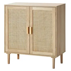 Rattan Cabinet, Rattan Storage Cabinet with 2 Magnetic Doors and Adjustable Shelves, Sideboard Buffet Cabinet for Hallway, Entryway, Living Room, or Kitchen, Natural
