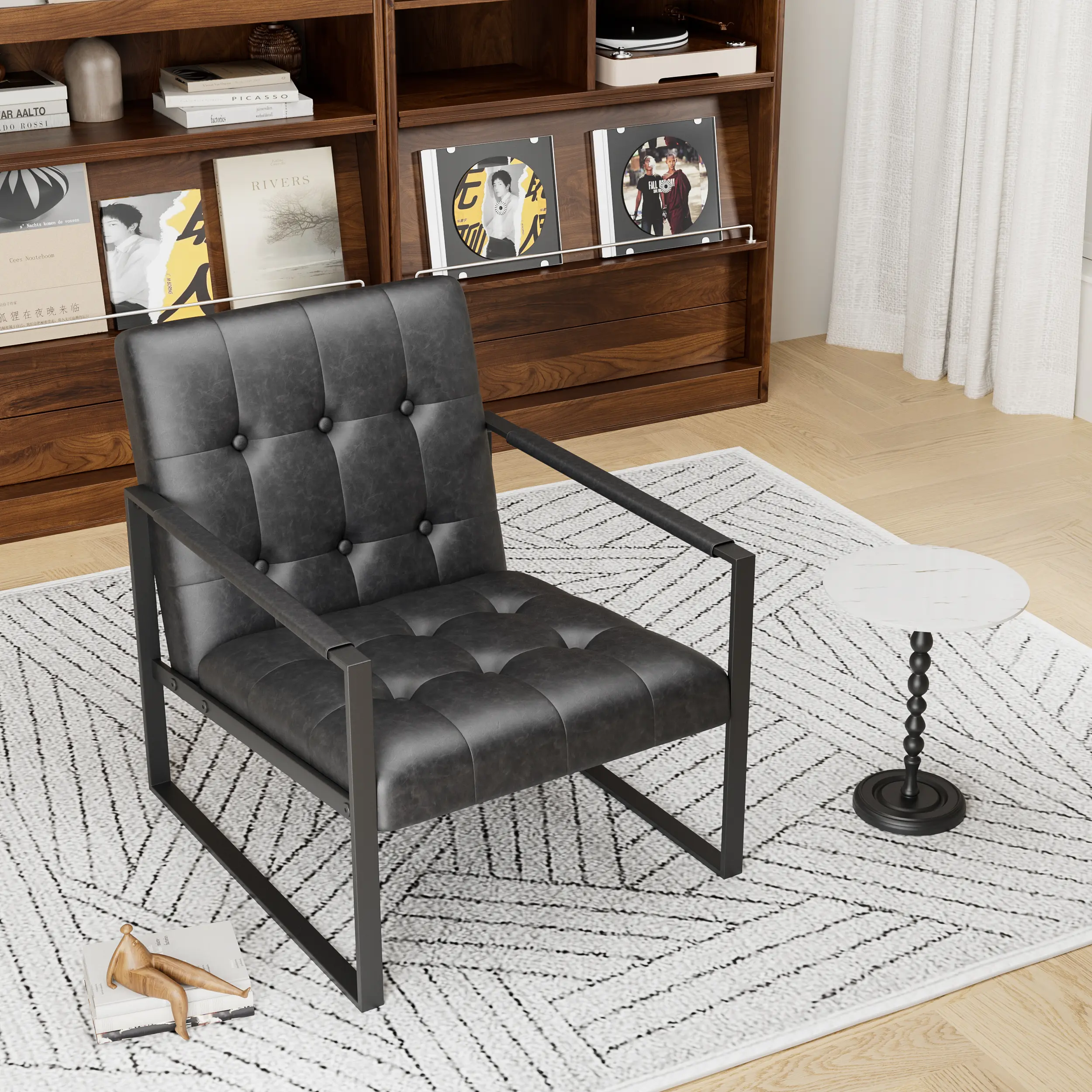 Upholstered Modern Accent Chair with Metal Frame, PU Leather, Black, for Living Room, Bedroom, Office – Easy Assembly